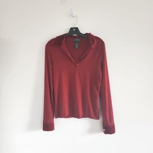 Lauren Ralph Lauren Deep Red Knit Long Sleeve Shirt With Velour Trim Siz…